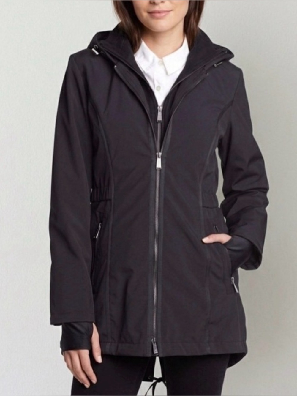 ⁠DKNY Black Softshell Rain Parka Coat Double Zip Removable Hood Bib Small